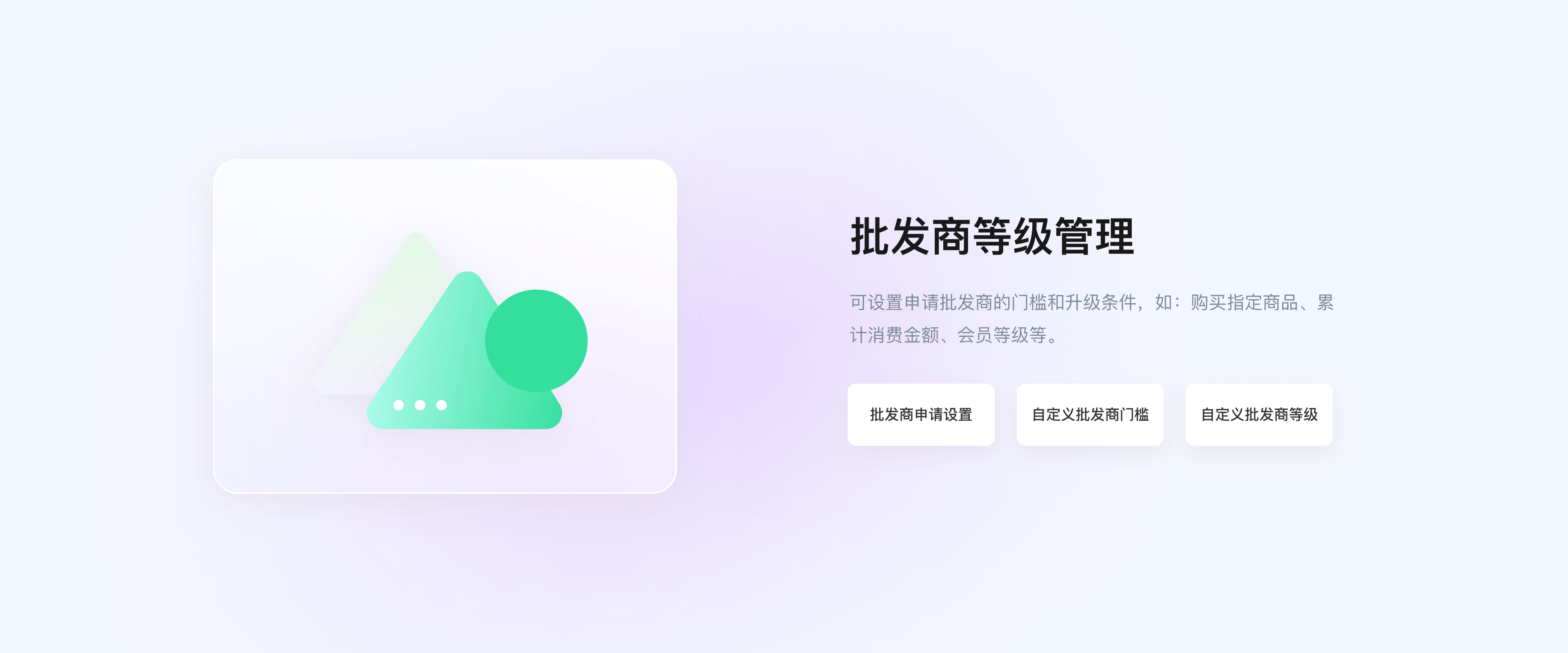 批发商等级管理 可设置申请批发商的门槛和升级条件，如：购买指定商品、累计消费金额、会员等级等。